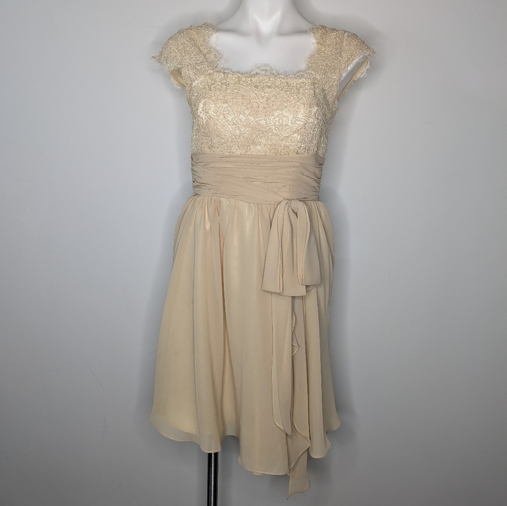 JJ's House Tan Cream Square Neck Lace Knee Length Dress S